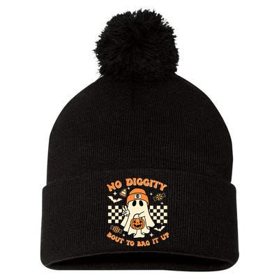 Funny Ghost No Diggity Bout To Bag It Up Spooky Halloween Pom Pom 12in Knit Beanie