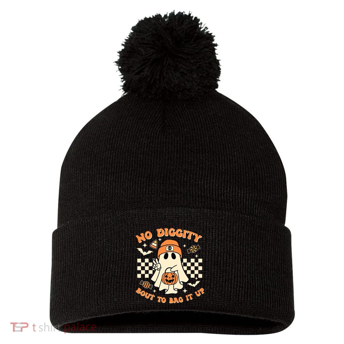 Funny Ghost No Diggity Bout To Bag It Up Spooky Halloween Pom Pom 12in Knit Beanie