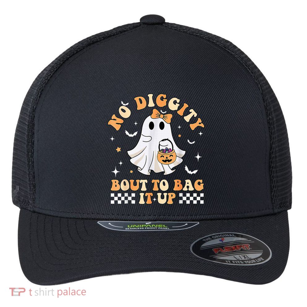 Funny Ghost No Diggity Bout To Bag It Up Spooky Halloween Flexfit Unipanel Trucker Cap