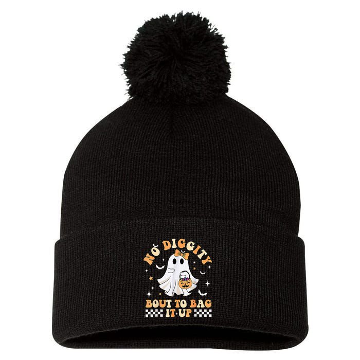 Funny Ghost No Diggity Bout To Bag It Up Spooky Halloween Pom Pom 12in Knit Beanie