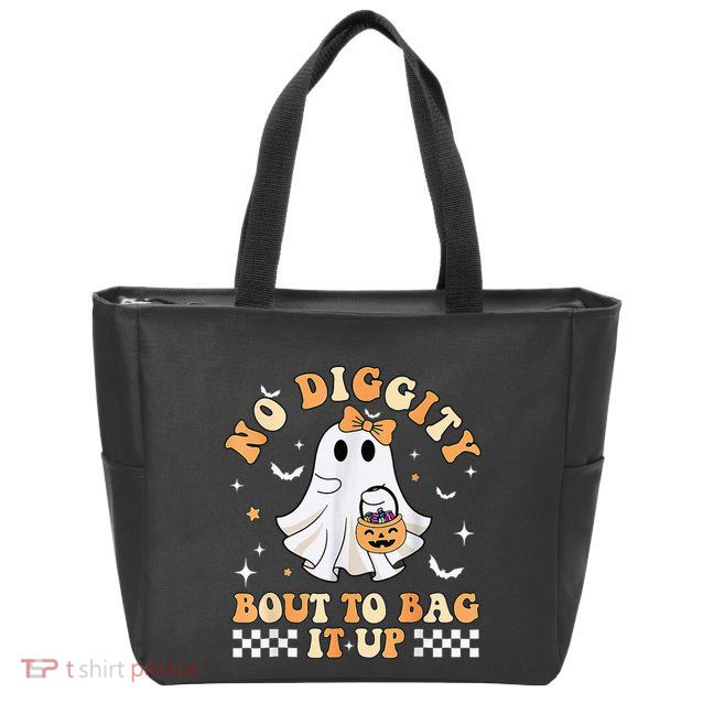 Funny Ghost No Diggity Bout To Bag It Up Spooky Halloween Zip Tote Bag