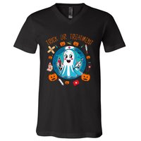 Funny Ghost Nurse Doctor Halloween Trick Or Treat Treatment V-Neck T-Shirt