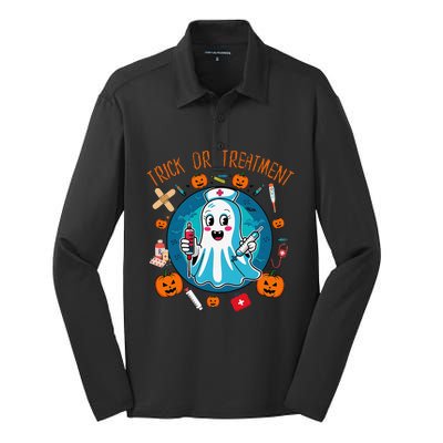 Funny Ghost Nurse Doctor Halloween Trick Or Treat Treatment Silk Touch Performance Long Sleeve Polo