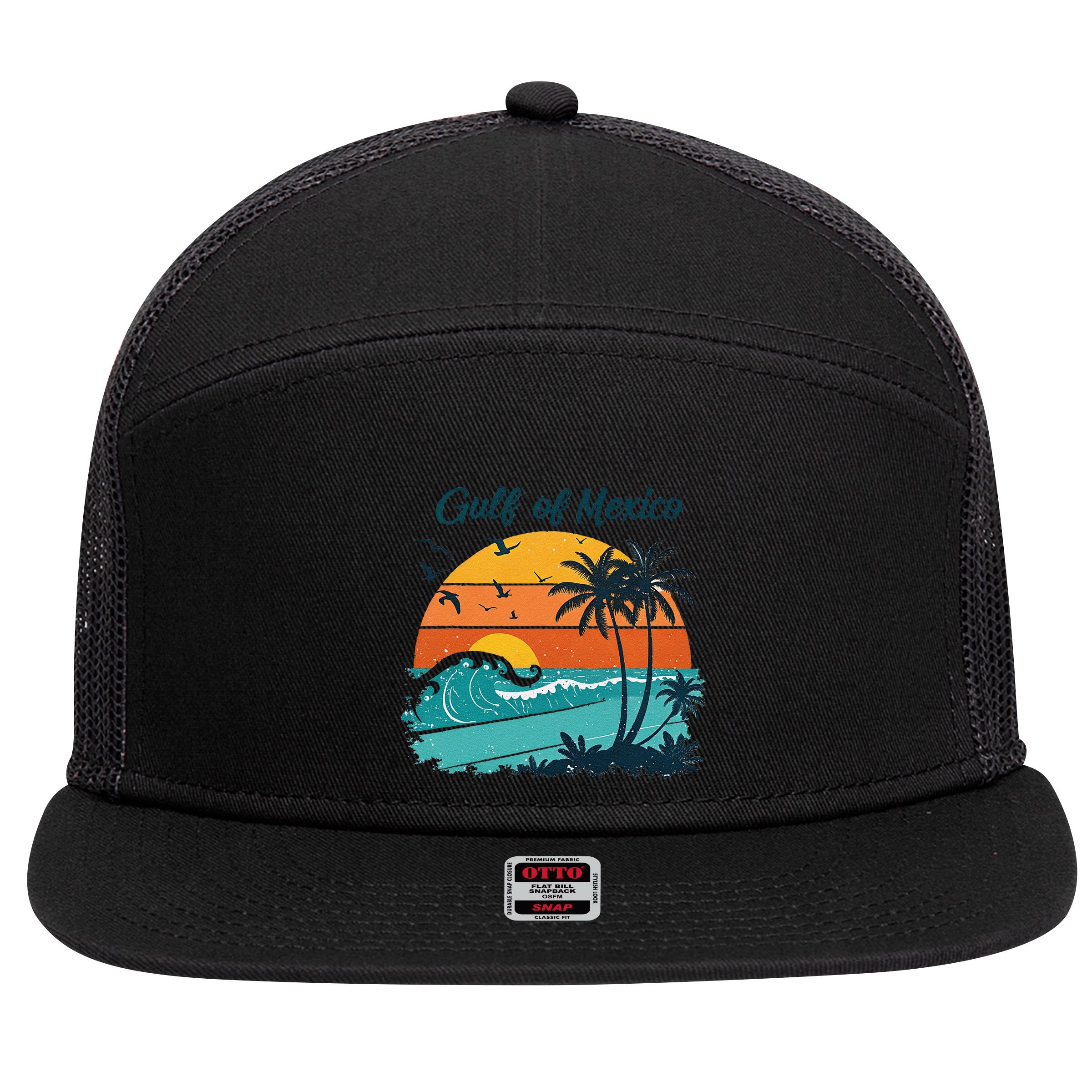 Funny Gulf Of Mexico Beach Palms Summer Vacation 7 Panel Mesh Trucker Snapback Hat