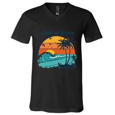 Funny Gulf Of Mexico Beach Palms Summer Vacation V-Neck T-Shirt