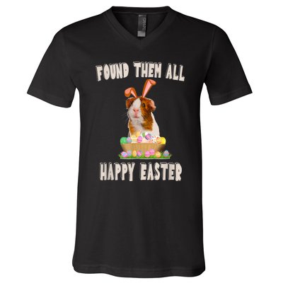 Funny Guinea Pig With Cute Bunny Ears Easter Day Eggs Basket V-Neck T-Shirt