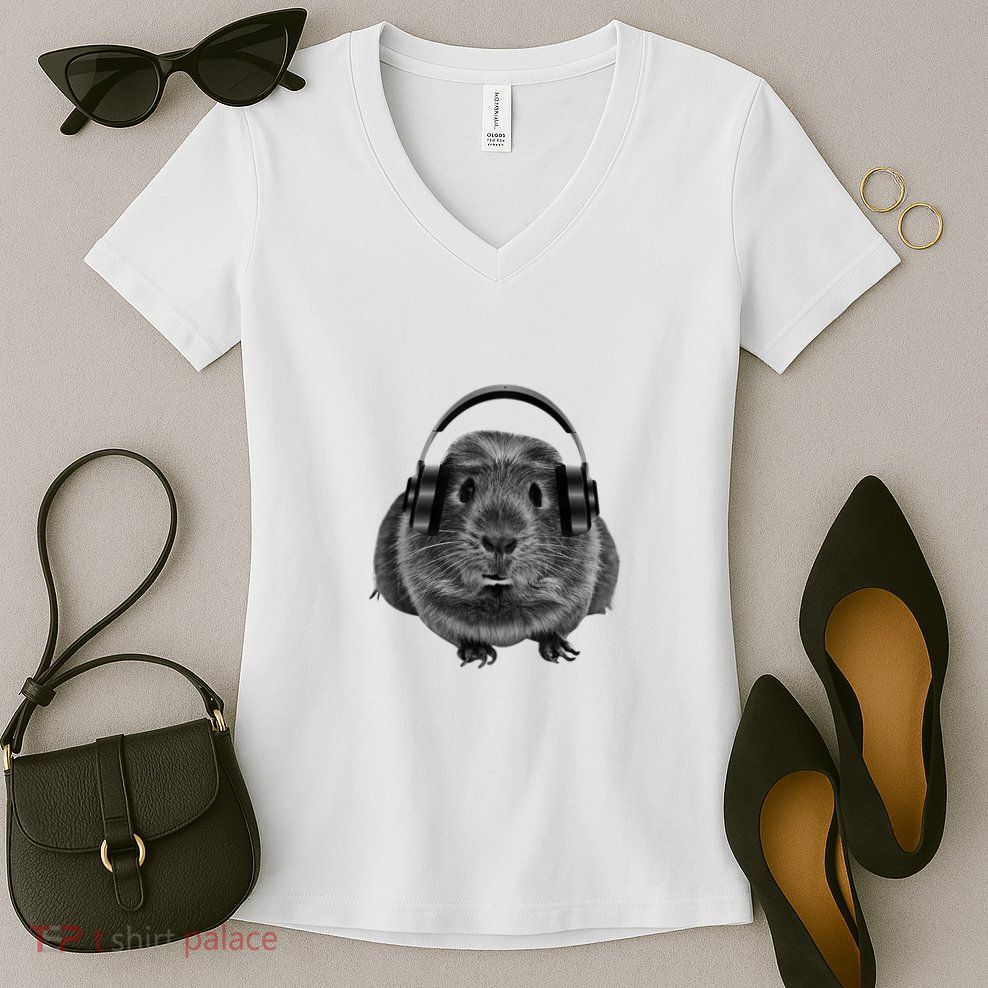 Funny Guinea Pig Graphic Tees Guinea Pig Headphones Women's V-Neck T-Shirt