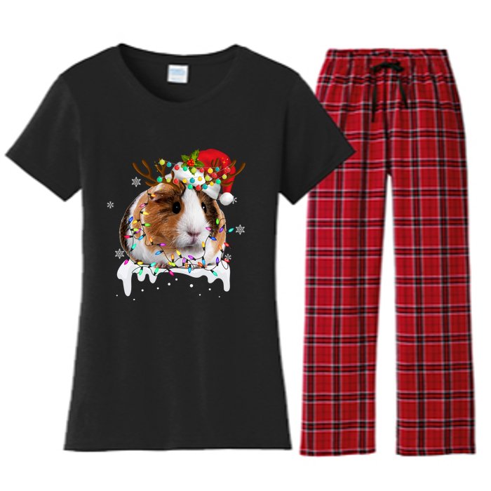 Funny Guinea Pig Reindeer Christmas Tree Light Guinea Pig Women's Flannel Pajama Set