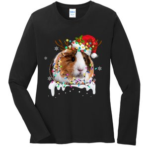 Funny Guinea Pig Reindeer Christmas Tree Light Guinea Pig Ladies Long Sleeve Shirt