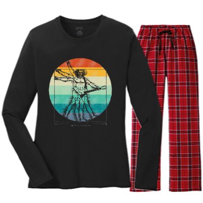 Funny Guitar Player Da Vinci Vitruvian Man Musicians Women's Long Sleeve Flannel Pajama Set 