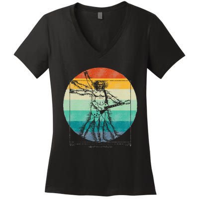 Funny Guitar Player Da Vinci Vitruvian Man Musicians Women's V-Neck T-Shirt