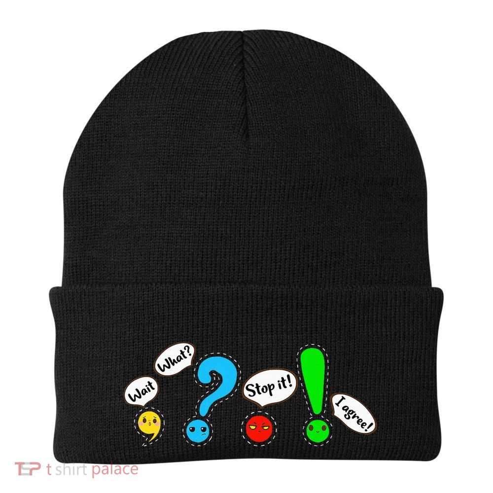Funny Grammar Punctuation English Teacher Wait What Stop. Knit Cap Winter Beanie