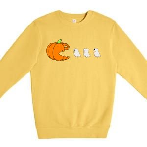 Funny Gamer Pumpkin Eating Ghost Halloween Cute Gift Premium Crewneck Sweatshirt