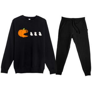 Funny Gamer Pumpkin Eating Ghost Halloween Cute Gift Premium Crewneck Sweatsuit Set