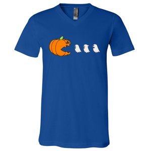 Funny Gamer Pumpkin Eating Ghost Halloween Cute Gift V-Neck T-Shirt