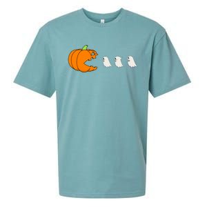 Funny Gamer Pumpkin Eating Ghost Halloween Cute Gift Sueded Cloud Jersey T-Shirt