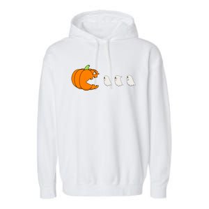 Funny Gamer Pumpkin Eating Ghost Halloween Cute Gift Garment-Dyed Fleece Hoodie