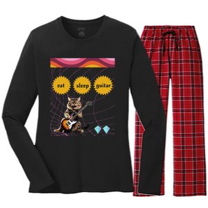 Funny Guitar Player Electric Guitar Players And Cat Lover Women's Long Sleeve Flannel Pajama Set 