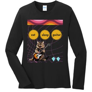 Funny Guitar Player Electric Guitar Players And Cat Lover Ladies Long Sleeve Shirt