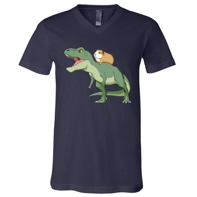 Funny Guinea Pig Riding T Rex Dinosaur V-Neck T-Shirt