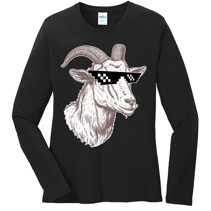 Funny GOAT Pixel Sunglasses Meme Ladies Long Sleeve Shirt