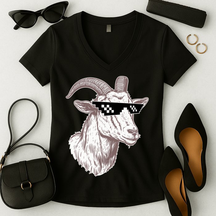 Funny GOAT Pixel Sunglasses Meme Women's V-Neck T-Shirt