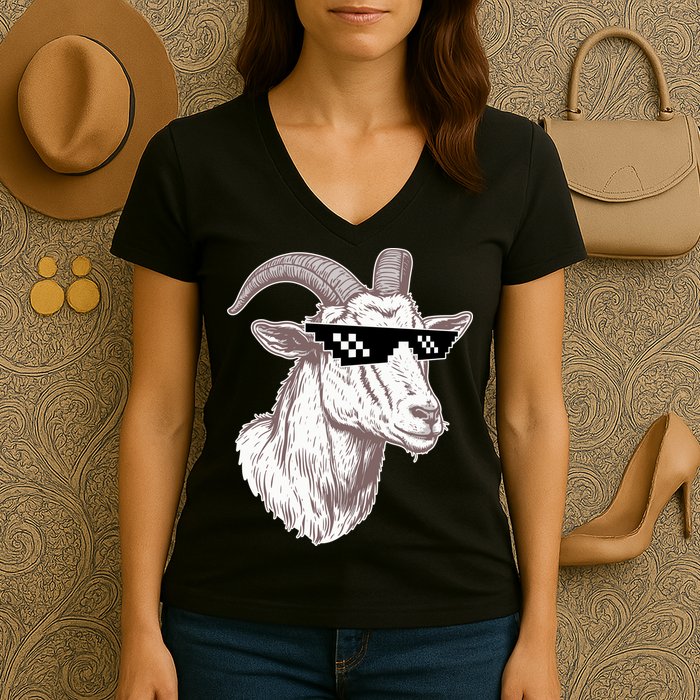 Funny GOAT Pixel Sunglasses Meme Women's V-Neck T-Shirt