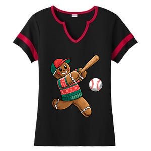 Funny Gingerbread Playing Baseball Christmas Lights Xmas Pjs Ladies Halftime Notch Neck Tee