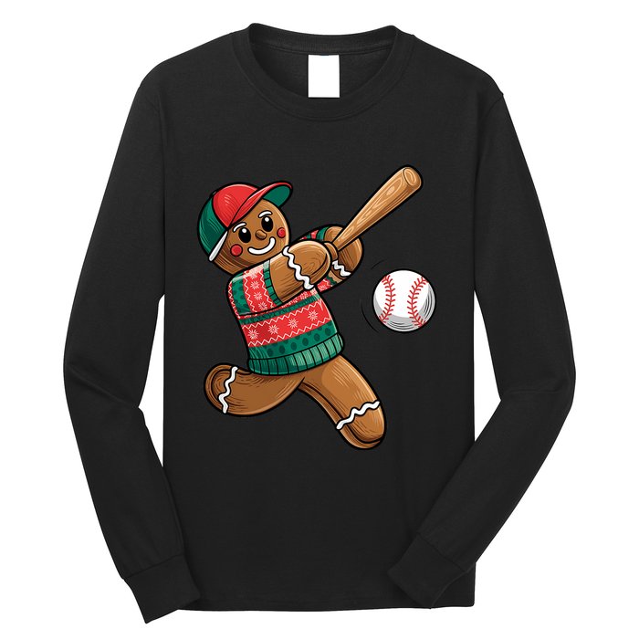 Funny Gingerbread Playing Baseball Christmas Lights Xmas Pjs Long Sleeve Shirt