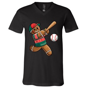 Funny Gingerbread Playing Baseball Christmas Lights Xmas Pjs V-Neck T-Shirt