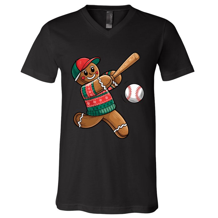 Funny Gingerbread Playing Baseball Christmas Lights Xmas Pjs V-Neck T-Shirt