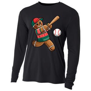 Funny Gingerbread Playing Baseball Christmas Lights Xmas Pjs Cooling Performance Long Sleeve Crew