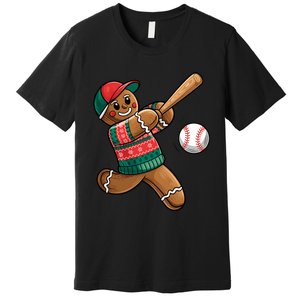 Funny Gingerbread Playing Baseball Christmas Lights Xmas Pjs Premium T-Shirt