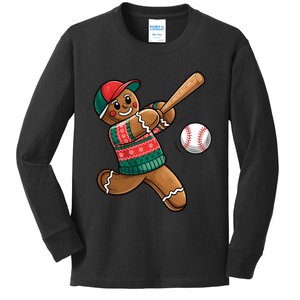 Funny Gingerbread Playing Baseball Christmas Lights Xmas Pjs Kids Long Sleeve Shirt