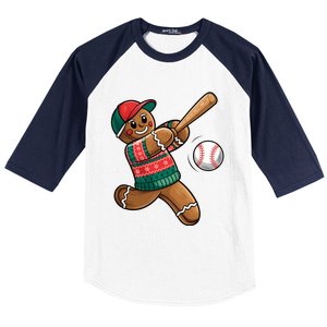 Funny Gingerbread Playing Baseball Christmas Lights Xmas Pjs Baseball Sleeve Shirt