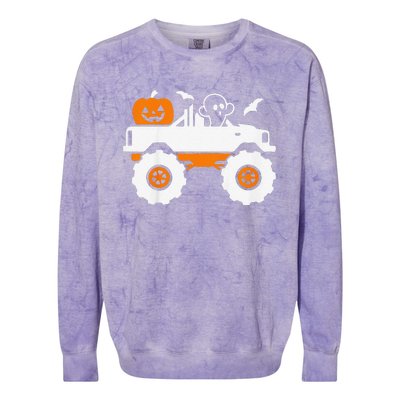 Funny Ghost Pumpkin Riding Monster Truck Lazy Halloween Costume Colorblast Crewneck Sweatshirt