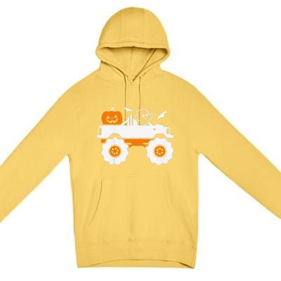 Funny Ghost Pumpkin Riding Monster Truck Lazy Halloween Costume Premium Pullover Hoodie