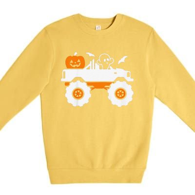 Funny Ghost Pumpkin Riding Monster Truck Lazy Halloween Costume Premium Crewneck Sweatshirt