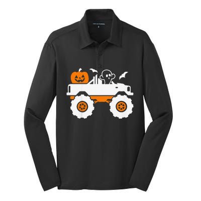 Funny Ghost Pumpkin Riding Monster Truck Lazy Halloween Costume Silk Touch Performance Long Sleeve Polo