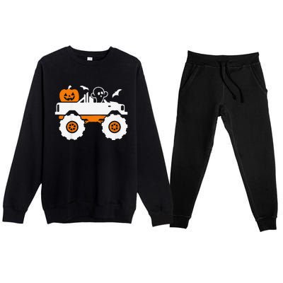 Funny Ghost Pumpkin Riding Monster Truck Lazy Halloween Costume Premium Crewneck Sweatsuit Set