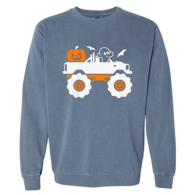 Funny Ghost Pumpkin Riding Monster Truck Lazy Halloween Costume Garment-Dyed Sweatshirt