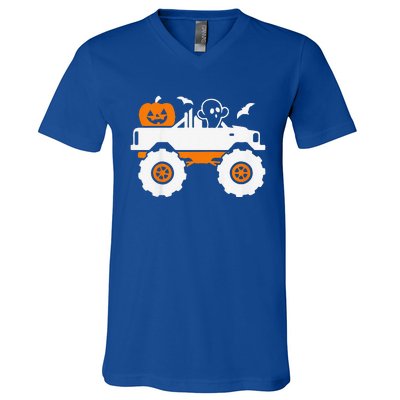 Funny Ghost Pumpkin Riding Monster Truck Lazy Halloween Costume V-Neck T-Shirt