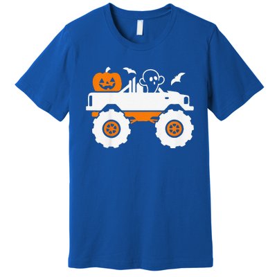 Funny Ghost Pumpkin Riding Monster Truck Lazy Halloween Costume Premium T-Shirt