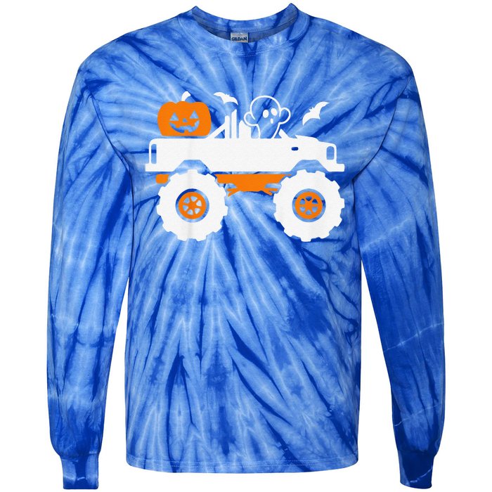 Funny Ghost Pumpkin Riding Monster Truck Lazy Halloween Costume Tie-Dye Long Sleeve Shirt