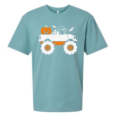 Funny Ghost Pumpkin Riding Monster Truck Lazy Halloween Costume Sueded Cloud Jersey T-Shirt