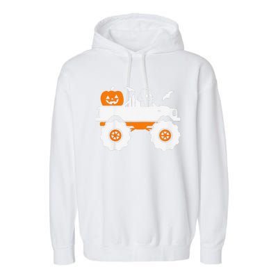 Funny Ghost Pumpkin Riding Monster Truck Lazy Halloween Costume Garment-Dyed Fleece Hoodie