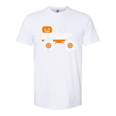 Funny Ghost Pumpkin Riding Monster Truck Lazy Halloween Costume Softstyle CVC T-Shirt