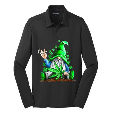 Funny Gnome Pot Leaf 420 Marijuana Weed St Patrick's Day Silk Touch Performance Long Sleeve Polo