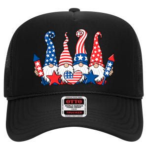 Funny Gnomes Patriotic American Flag Cute Gnomes 4th Of July High Crown Mesh Back Trucker Hat