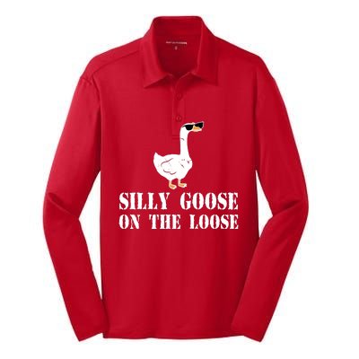 Funny Goose Quote Silly Goose On The Loose Silk Touch Performance Long Sleeve Polo